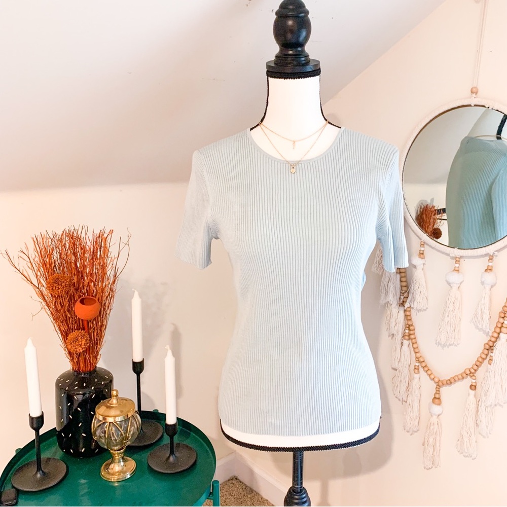 Charter Club Silk Blend Short Sleeve Ribbed Ice Pale Blue Sweater Top
